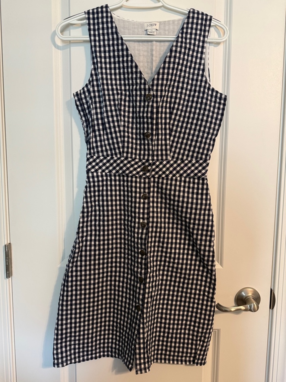 J. Crew Navy Blue and White Gingham Button-Front Midi Dress